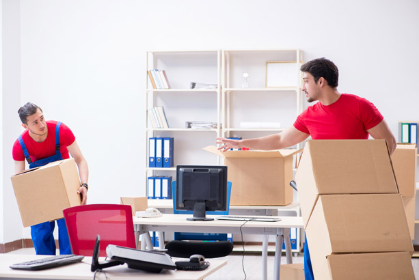 Two office workers discussing a move among office boxes and computers.