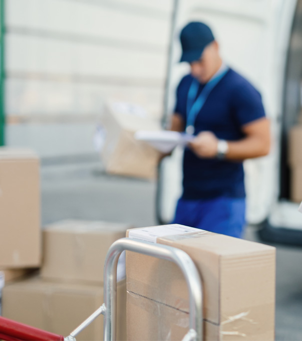 Couple standing beside a moving truck with boxes.