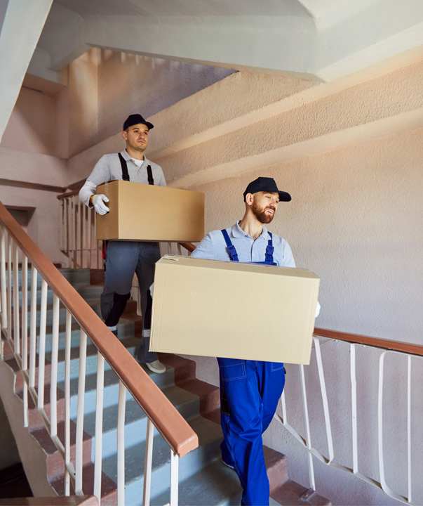 Professional movers carrying boxes down the stairs.