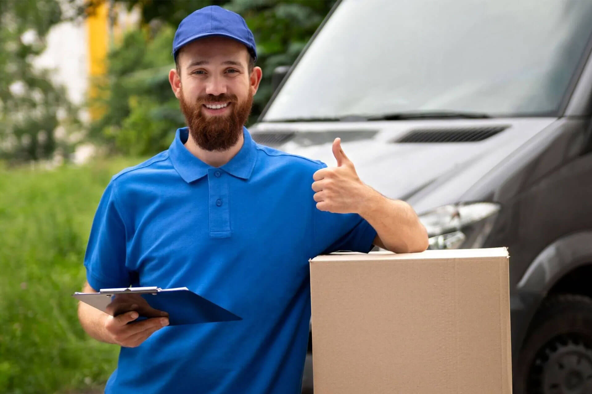 Professional mover holding a clipboard and moving box.
