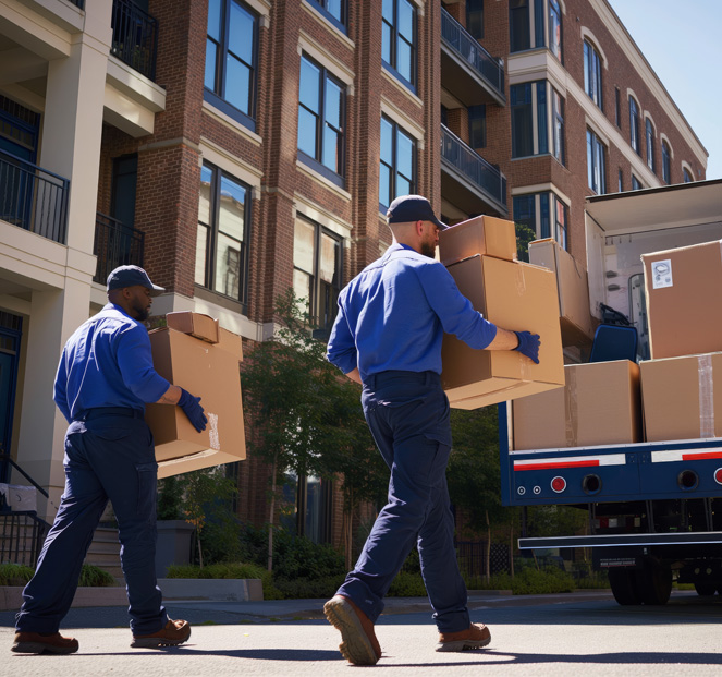 Professional movers loading moving boxes into a moving truck.