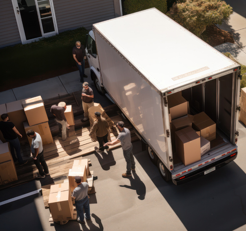 Professional movers loading moving boxes into a moving truck.