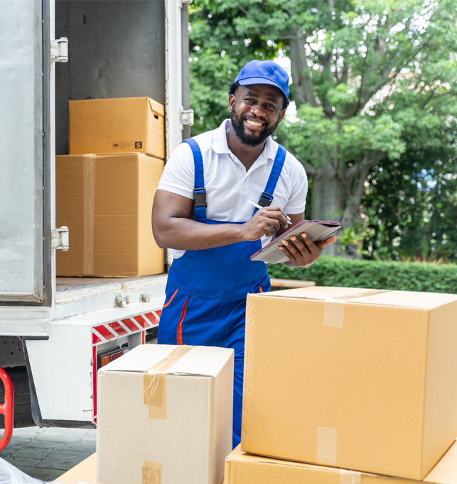 Professional mover standing beside a moving truck with boxes.