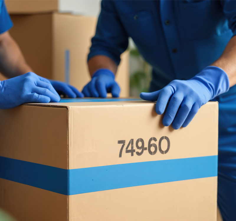 Professional movers moving cardboard boxes in a warehouse.