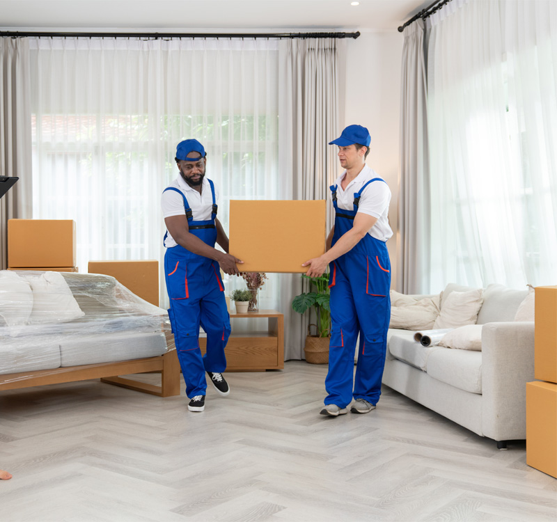 Professional movers carrying a moving box inside a home.
