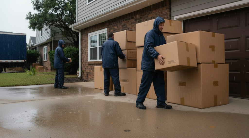 Professional movers carrying moving boxes outside a home.